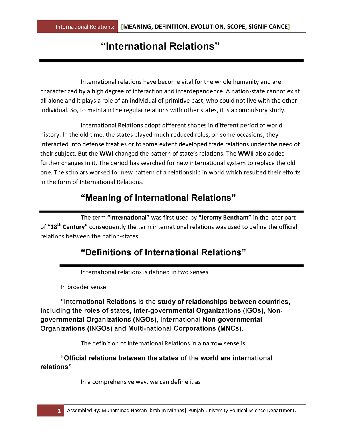 Q.8 define international relations. discuss it’s changing/ evolving scope. 2020